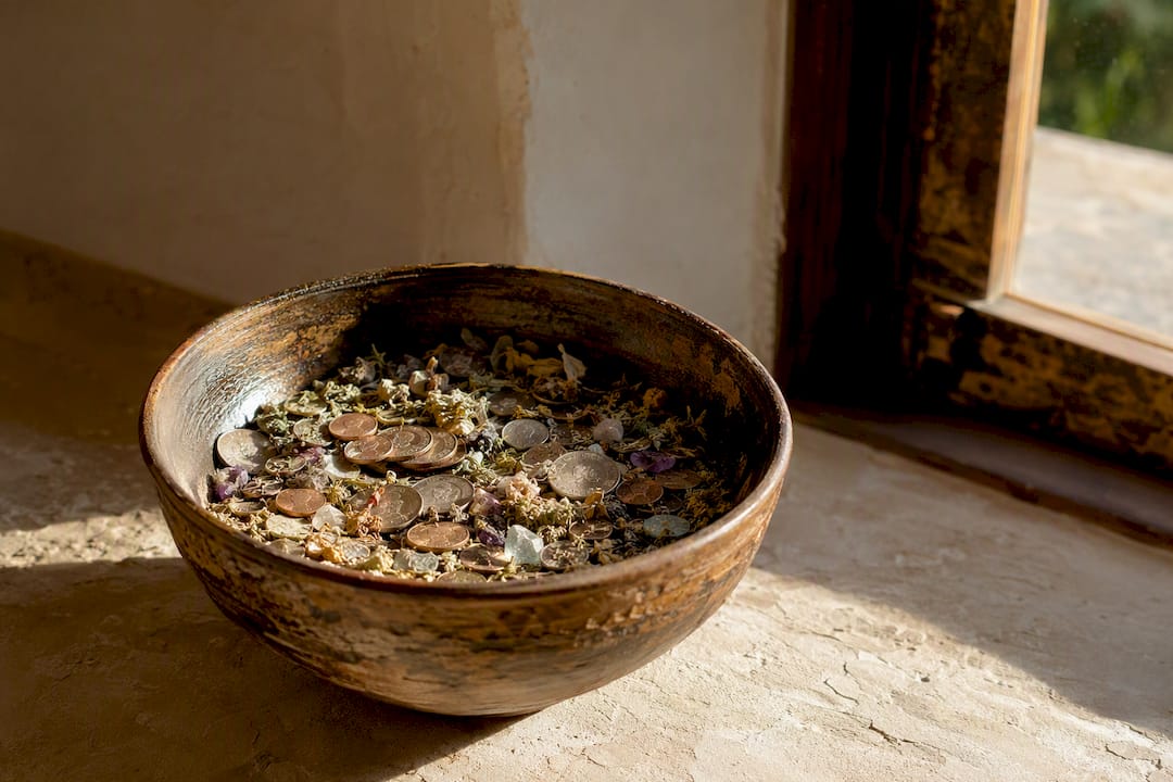 Overhead view of ritual money bowl with coins and herbs