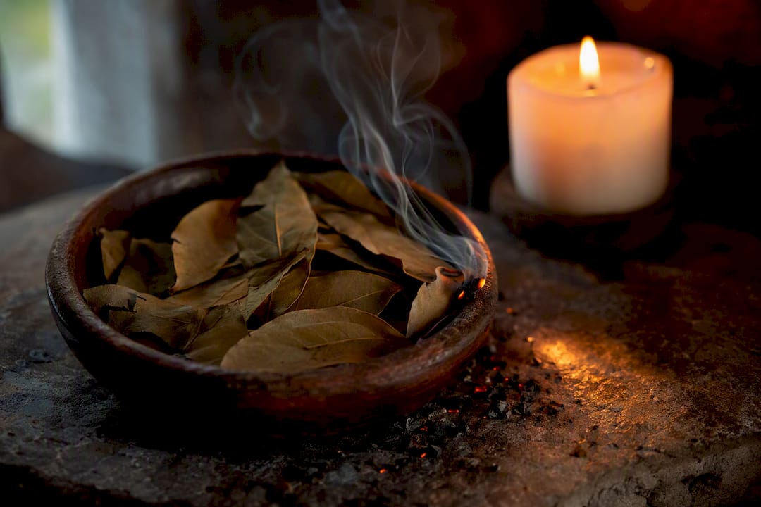 Smoldering bay leaves in rustic bowl with smoke