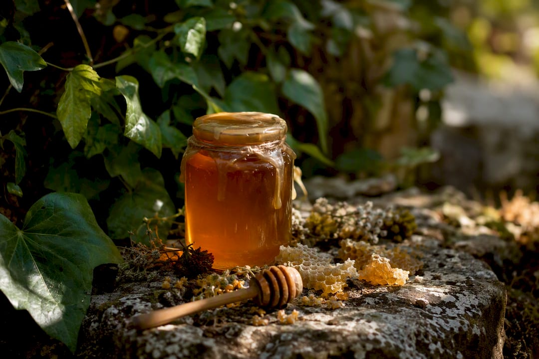 Honey jar sealed with wax on rustic table