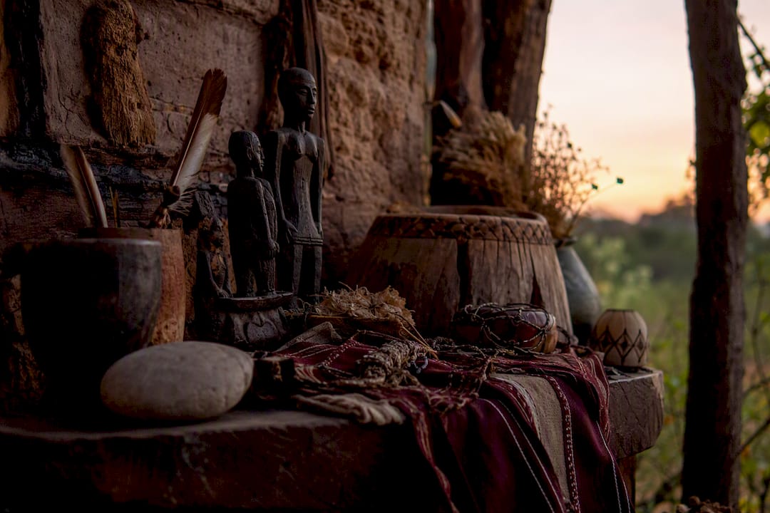 West African ancestral ritual altar close-up