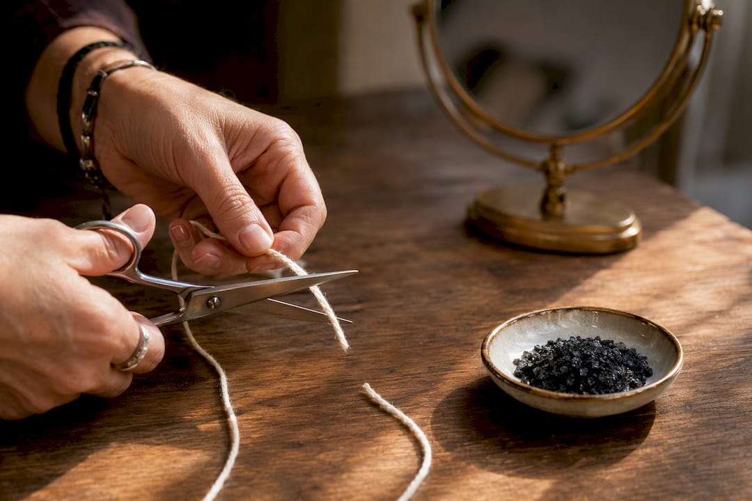 Hands cutting cord beside black salt dish