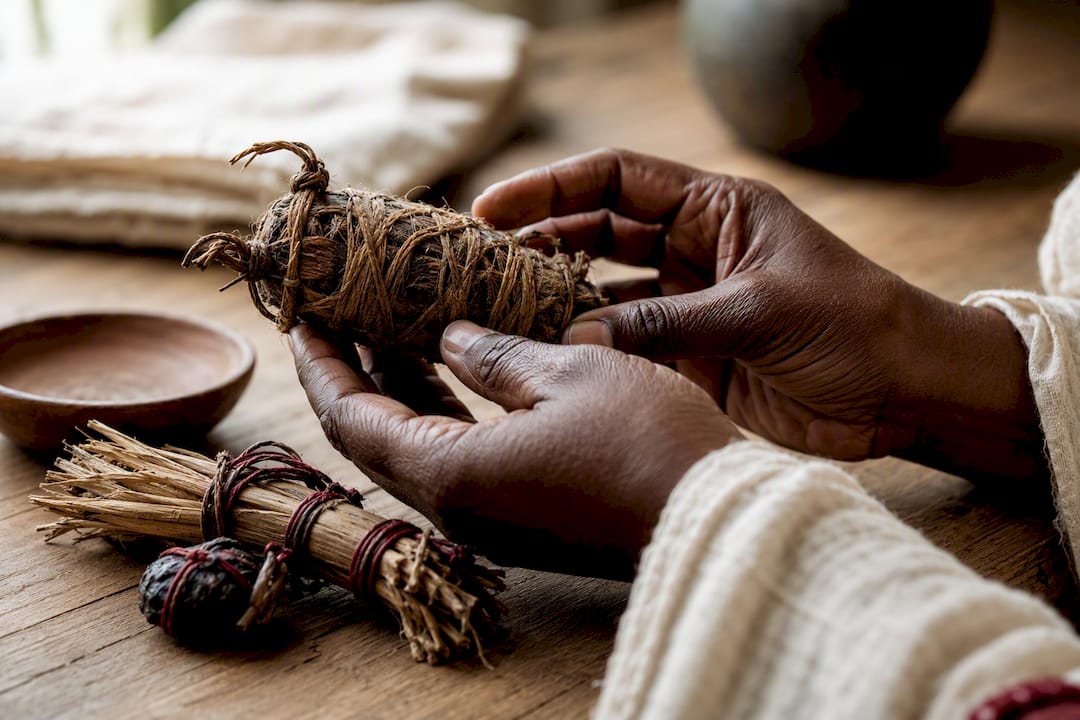 Practitioner examining an anonymous ritual charm