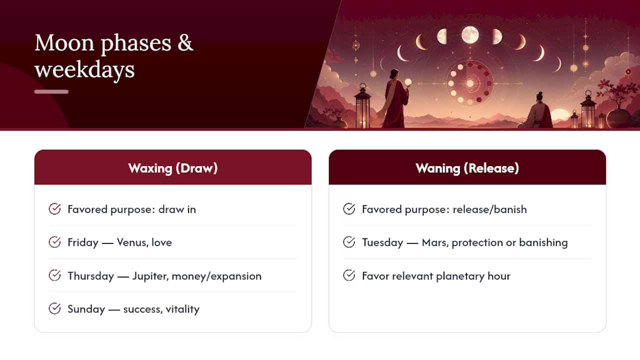 Moon phases and planetary day correspondences