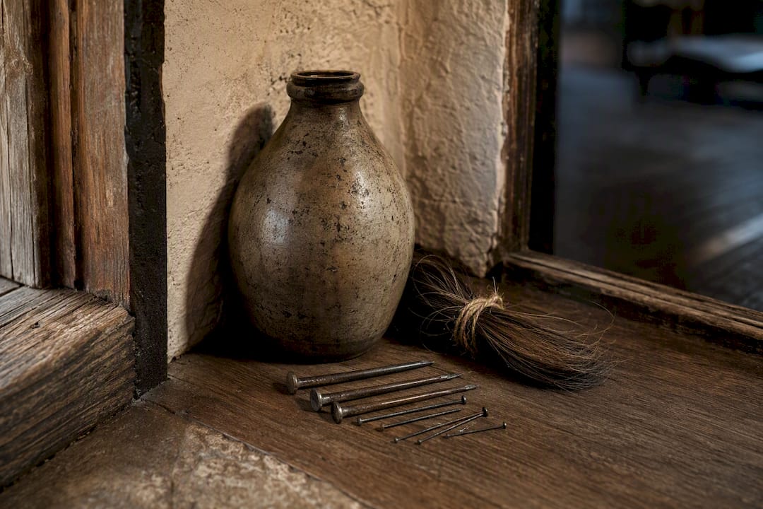 Historic stoneware witch bottle with iron materials