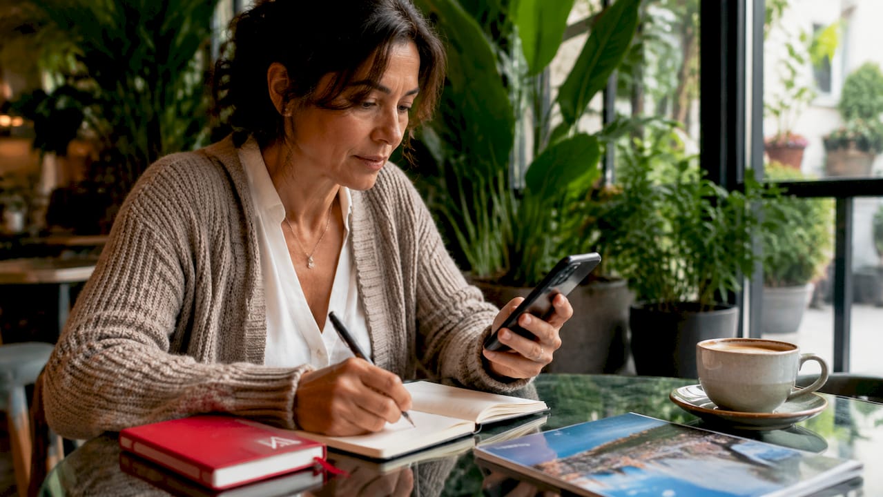 Woman planning team travel itinerary indoors