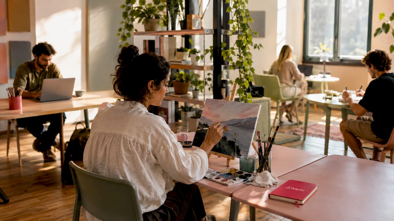 Zoned coworking space showing focused work areas