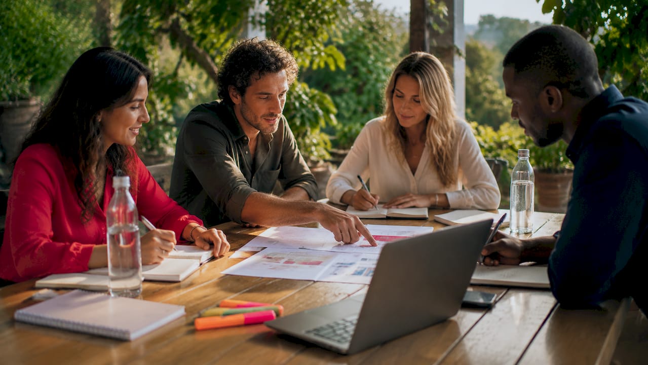 Diverse team discussing retreat package goals together