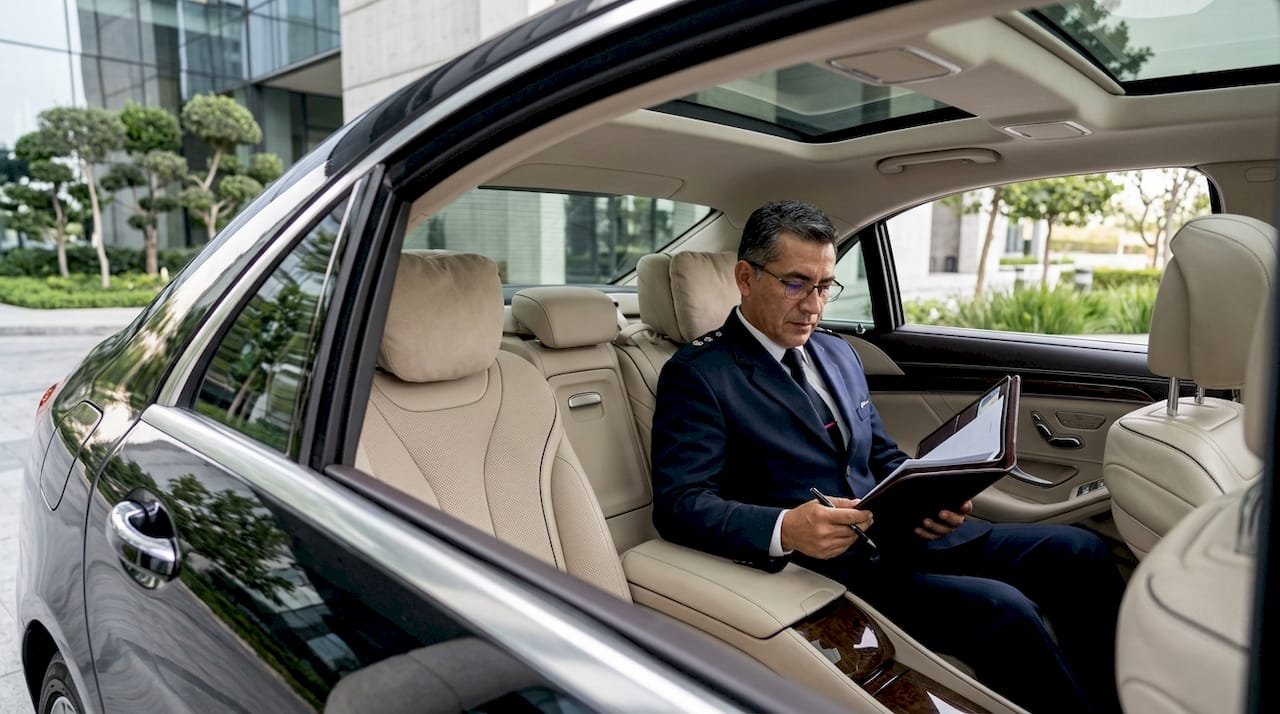 Chofer de auto ejecutivo revisa información en una tablet dentro del vehículo.