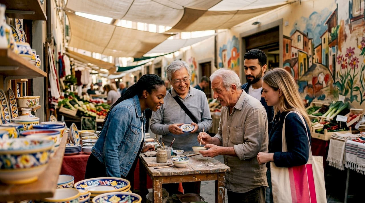 Turisti curiosi scoprono le tradizioni di una bottega artigiana nel cuore dell’Italia.