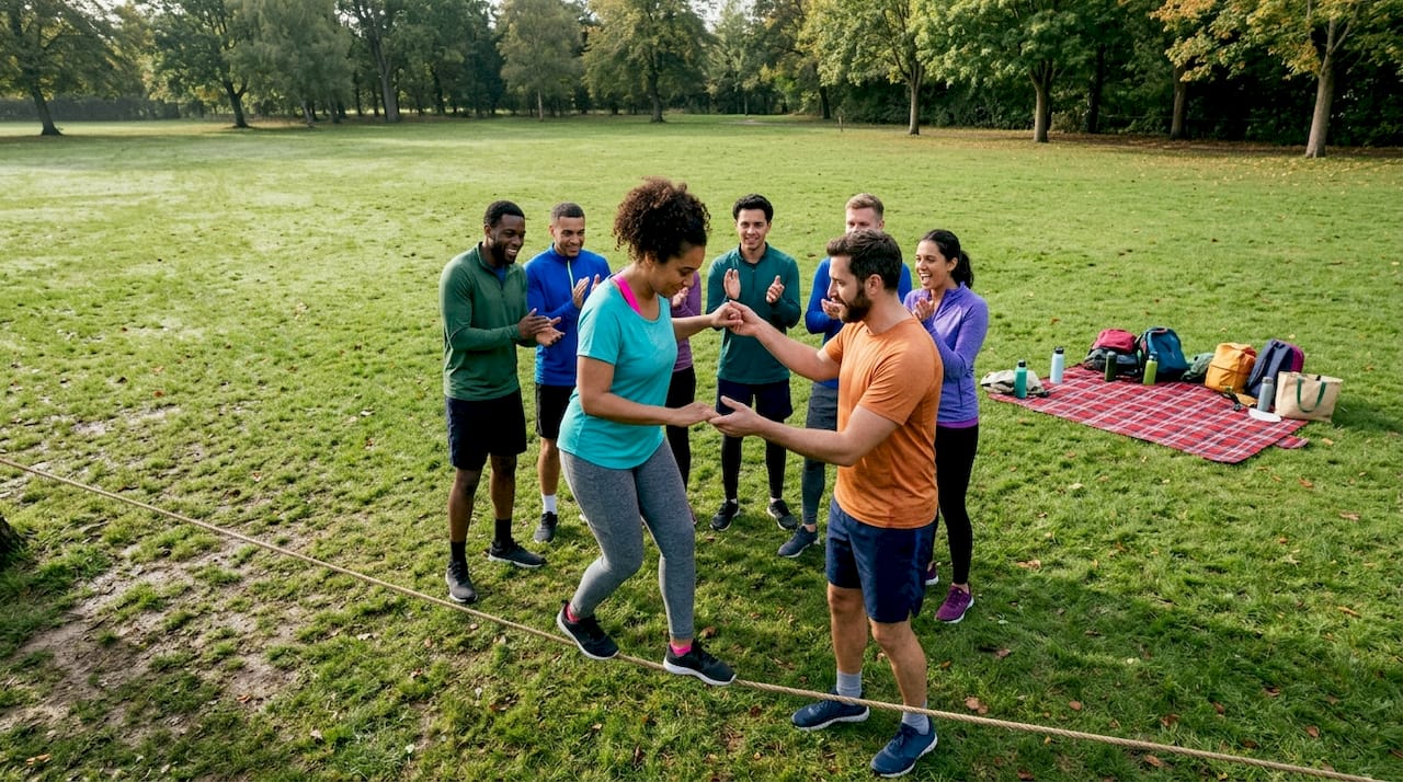 Colleghi che si danno una mano durante un’attività di team building all’aperto