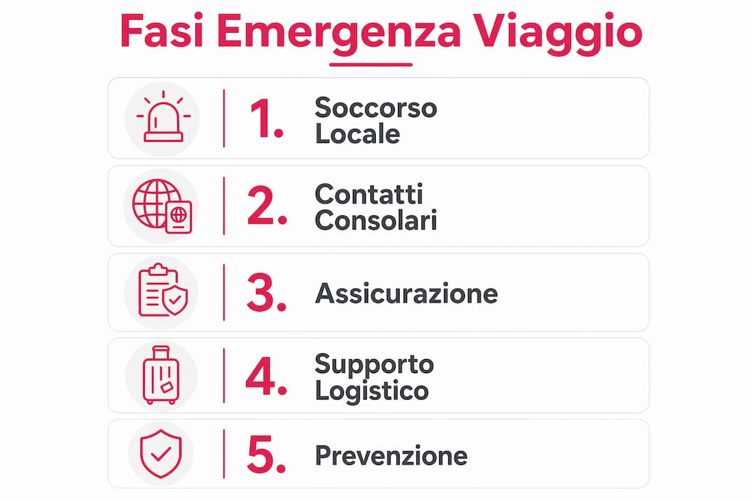 Grafica con le principali tappe per gestire le emergenze durante un viaggio