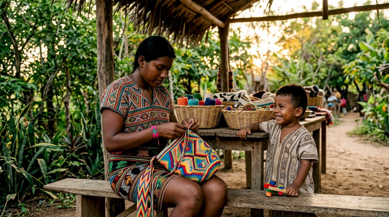 Mujer wayuu dedicada al tejido en un taller comunitario