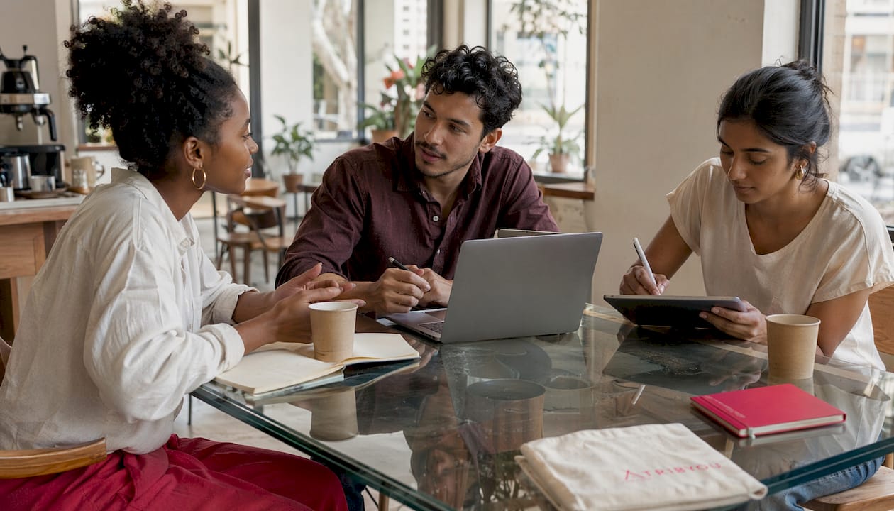 Team collaborating in European coworking space
