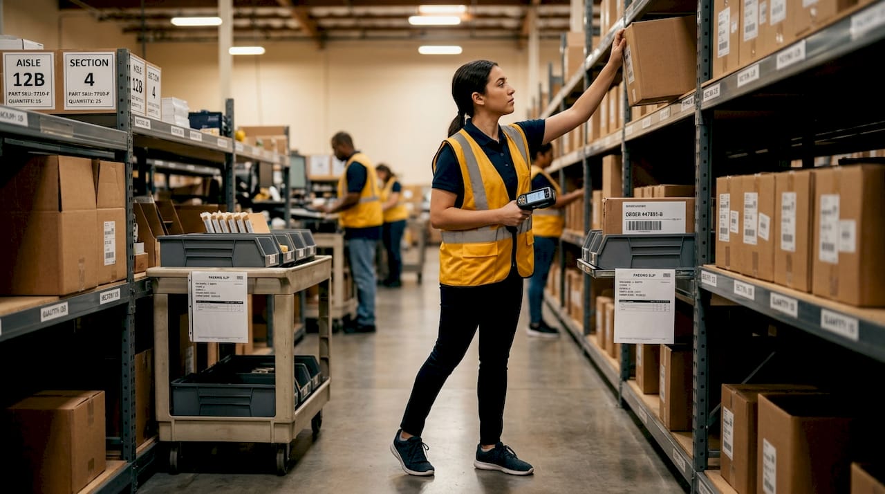 Worker picking items in warehouse aisle