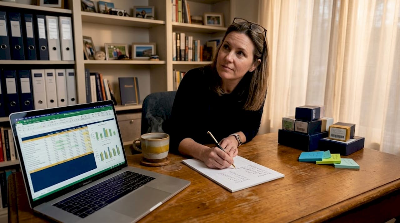 Seller planning FBA safety stock at kitchen table