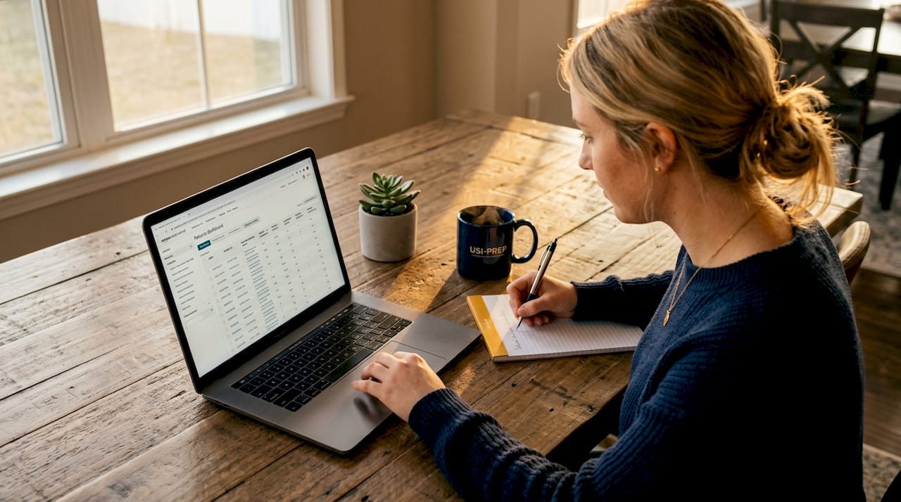 Seller checking Amazon returns dashboard at kitchen counter