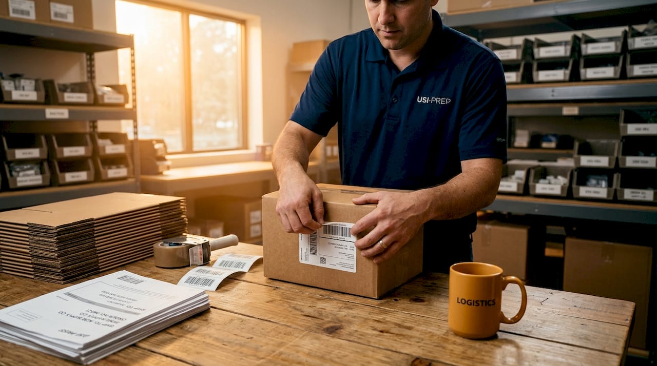 Worker relabeling boxes per Amazon standards