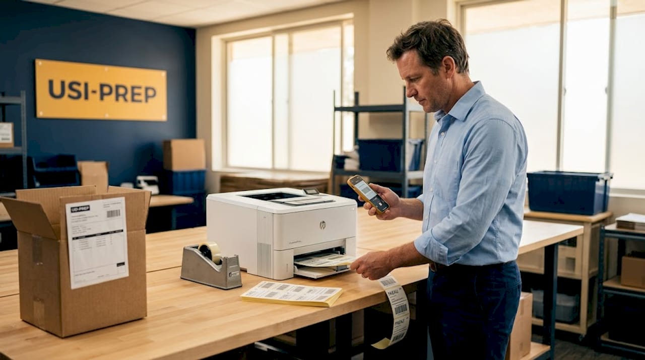 Man printing FNSKU labels at shipping desk