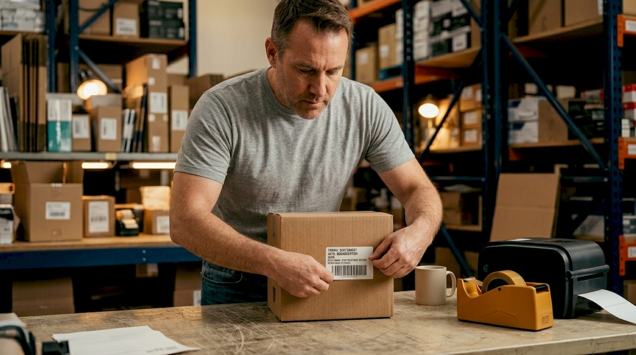 Warehouse worker applies barcode label to box