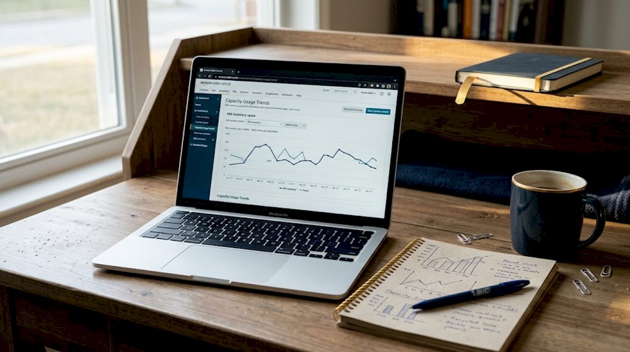 Amazon capacity usage chart on laptop in shared workspace