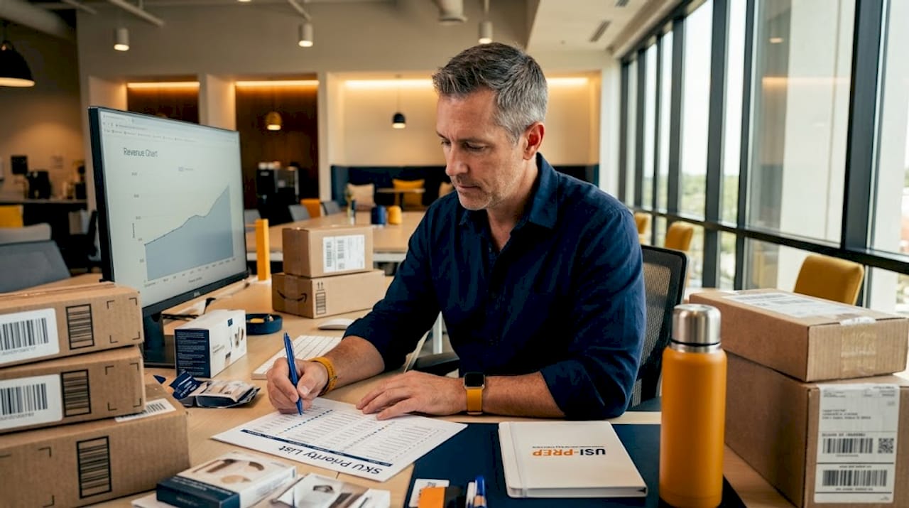 Man prioritizing SKUs for inventory restock