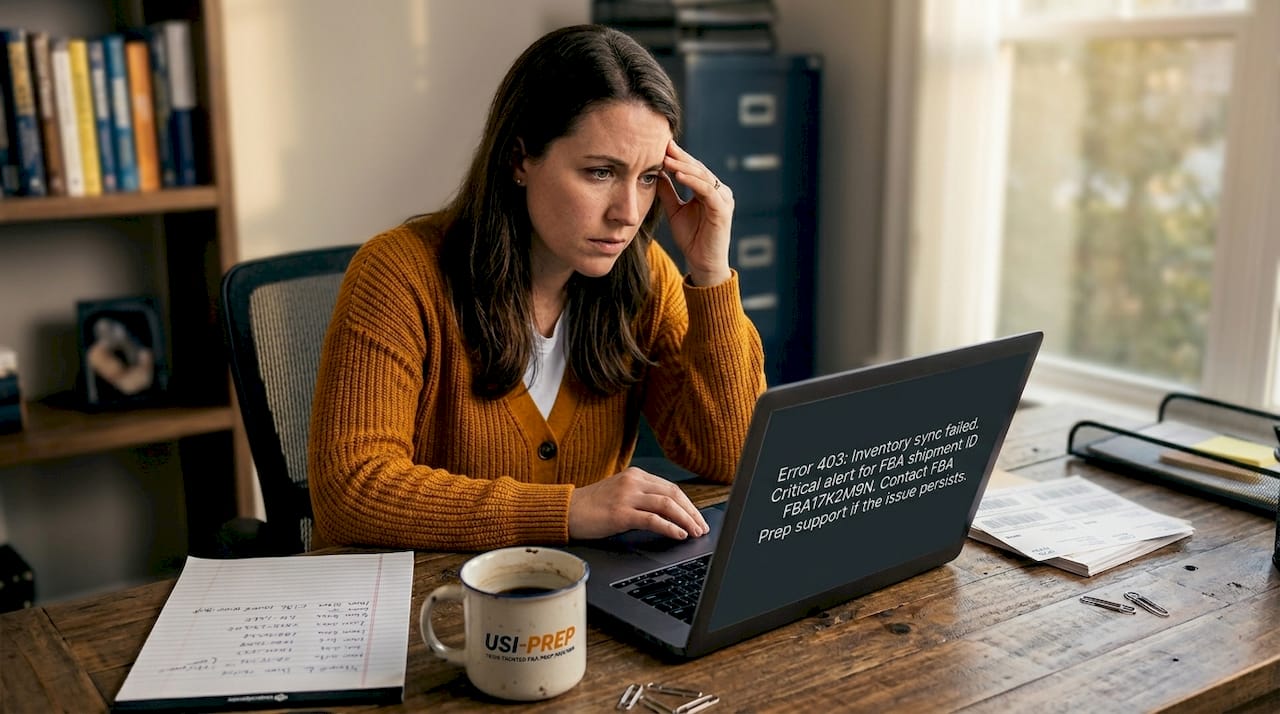 Amazon seller reviewing inventory error in home office