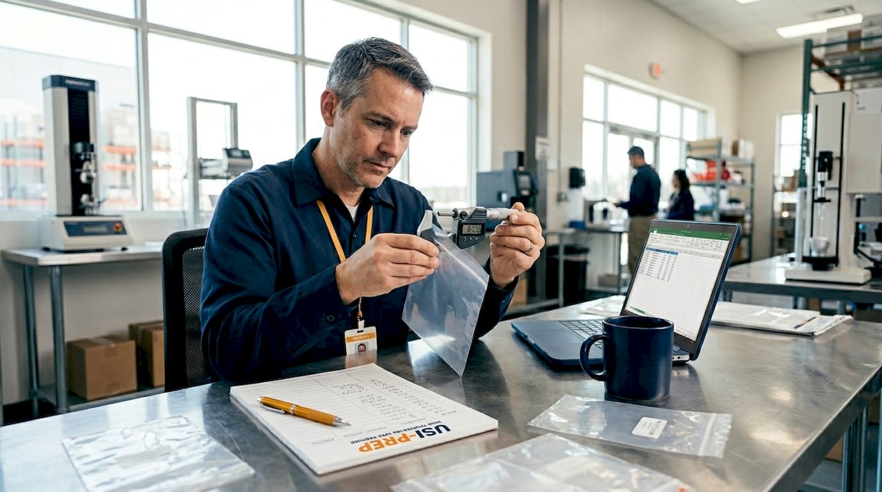 Inspector measures polybag thickness in lab