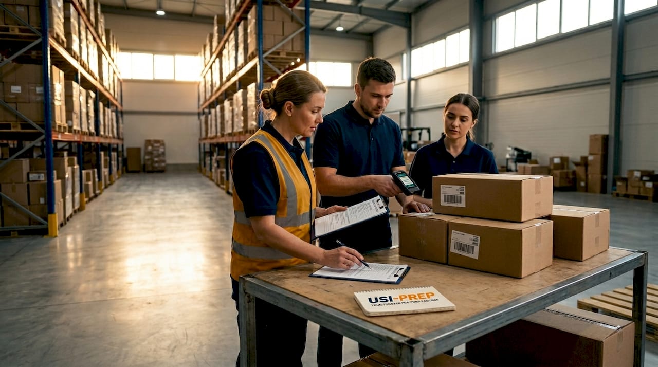 Warehouse supervisor team reviewing compliance paperwork