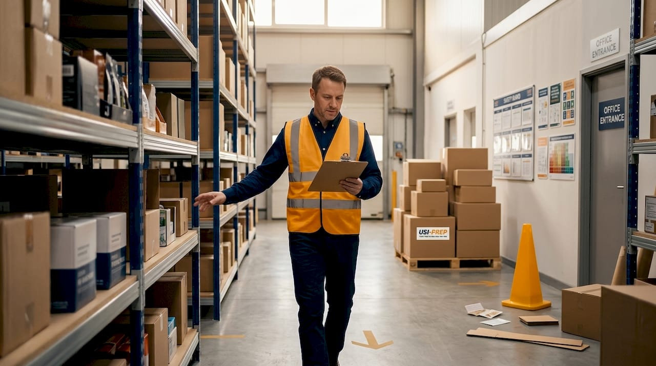 Supervisor assessing warehouse layout efficiency
