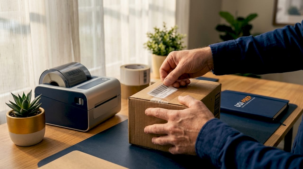 Hands applying FNSKU label to shipping box