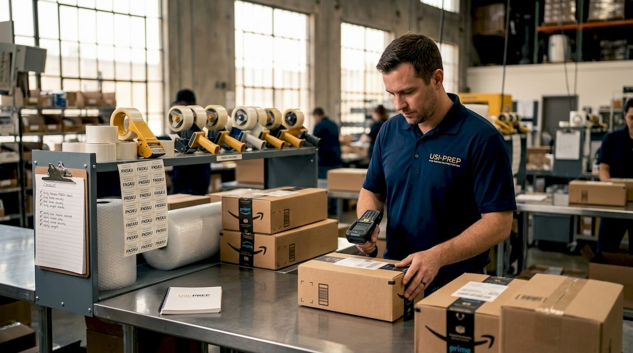 Warehouse worker prepping Amazon FBA inventory