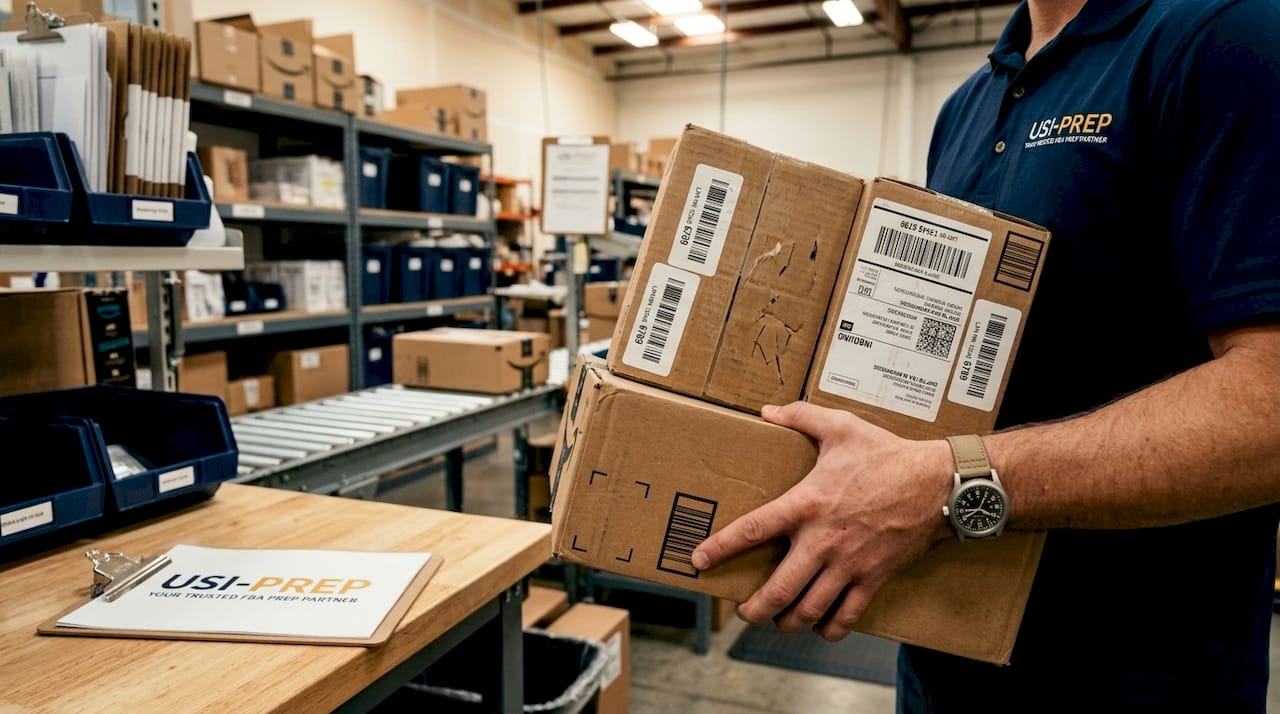 Hands holding Amazon FBA shipment boxes in warehouse