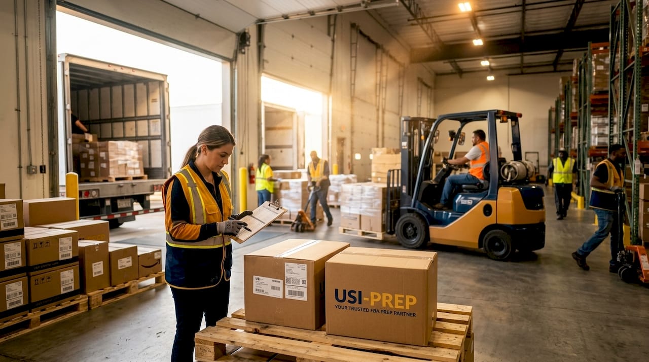 Warehouse receiving dock with workers unloading