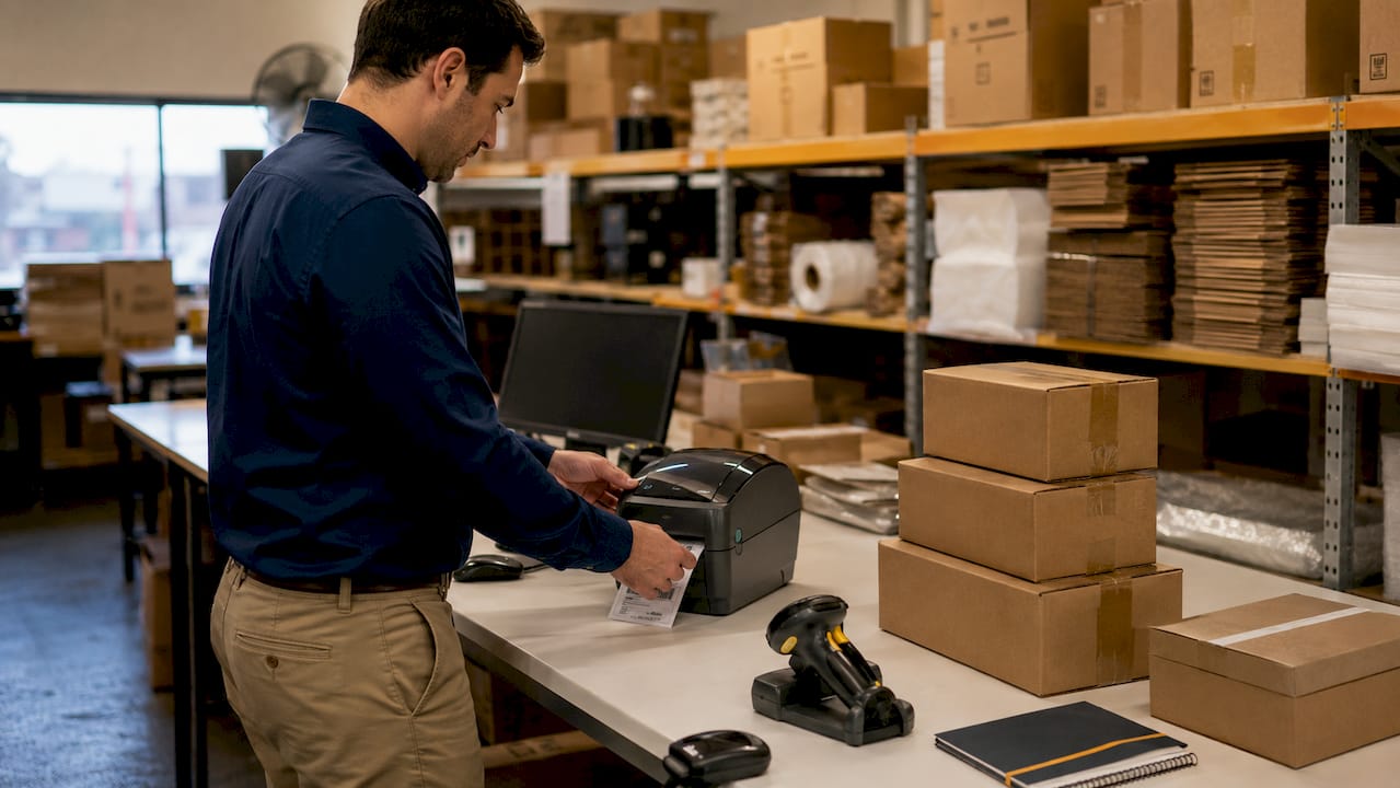 Hands printing thermal labels for packages