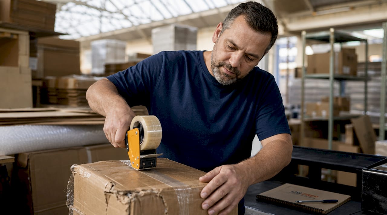 Worker sealing crushed carton box carefully