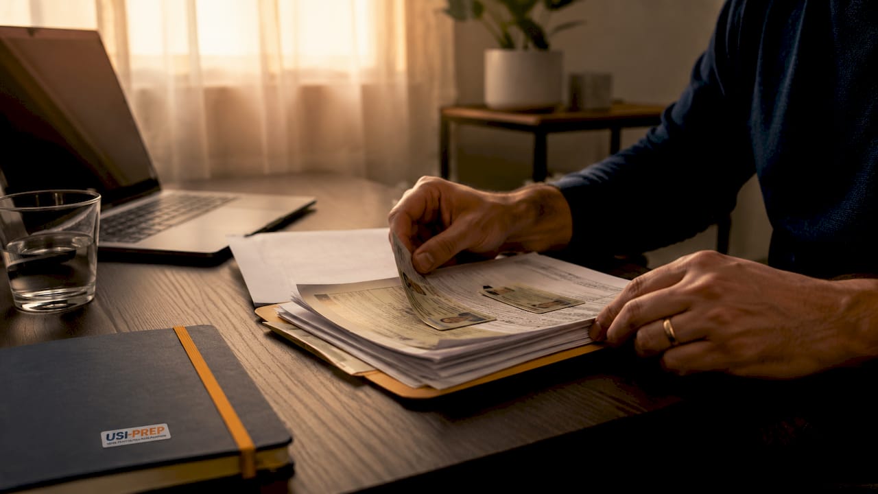 Hands organizing seller account documents on table