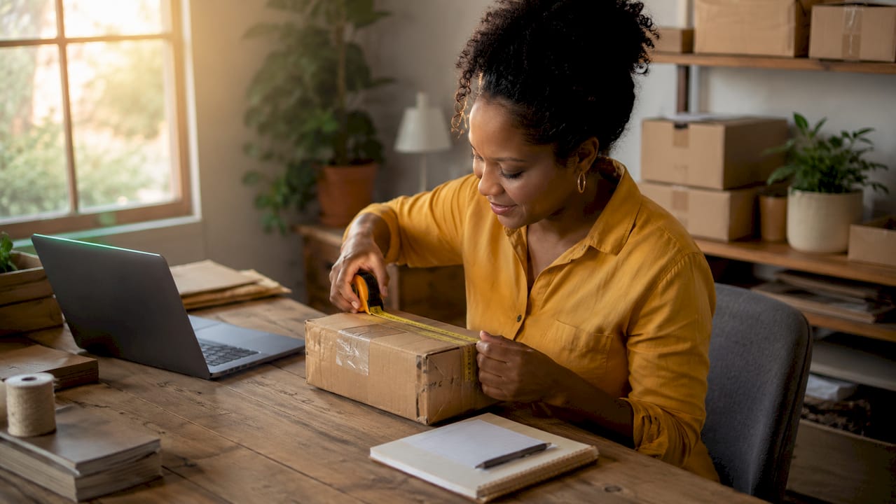 Hands measuring product box dimensions for storage