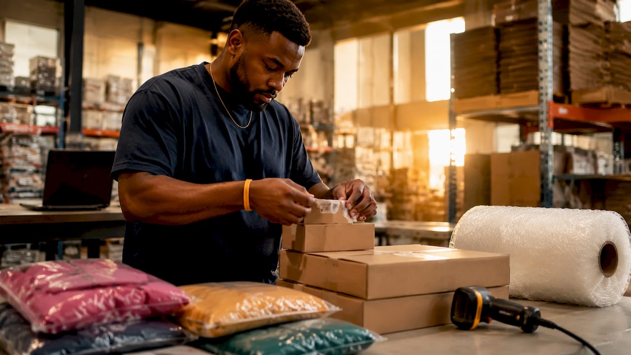 Fulfillment center worker labeling FBA shipments