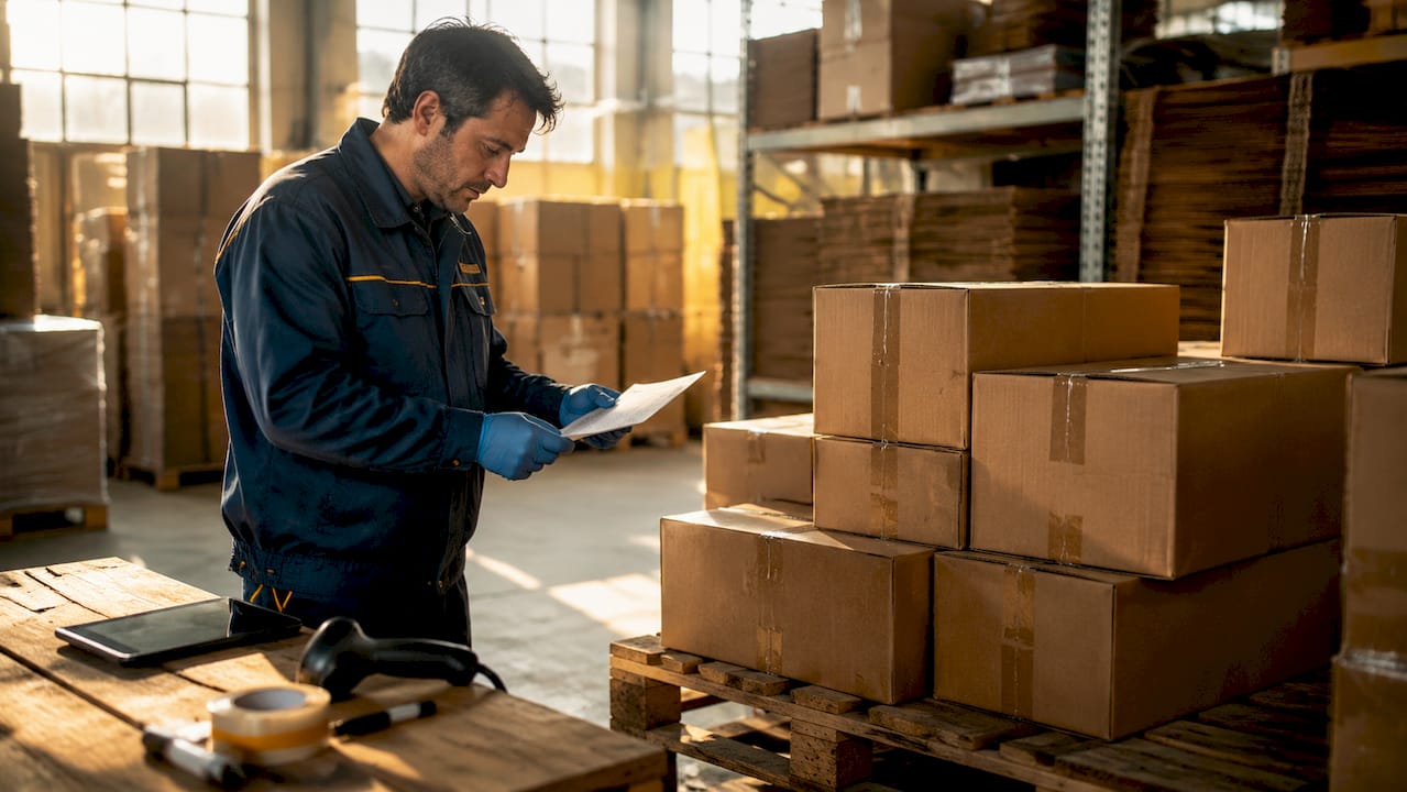 Hands auditing inventory checklist at loading dock