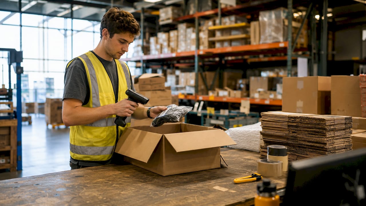 Warehouse worker packing orders at station