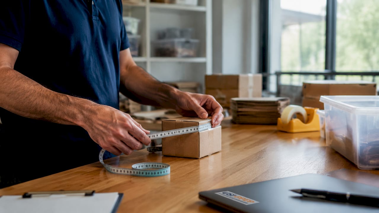 Hands measuring product dimensions at fulfillment center