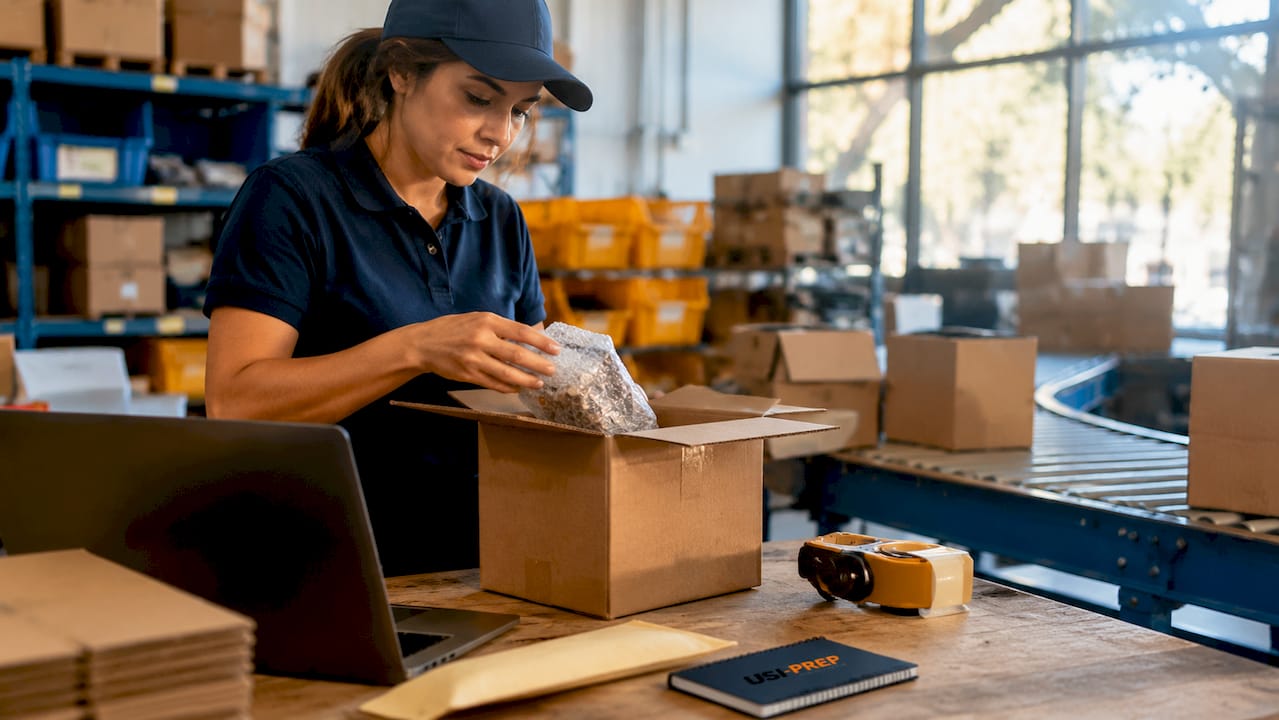 Courier packing ecommerce orders at distribution hub