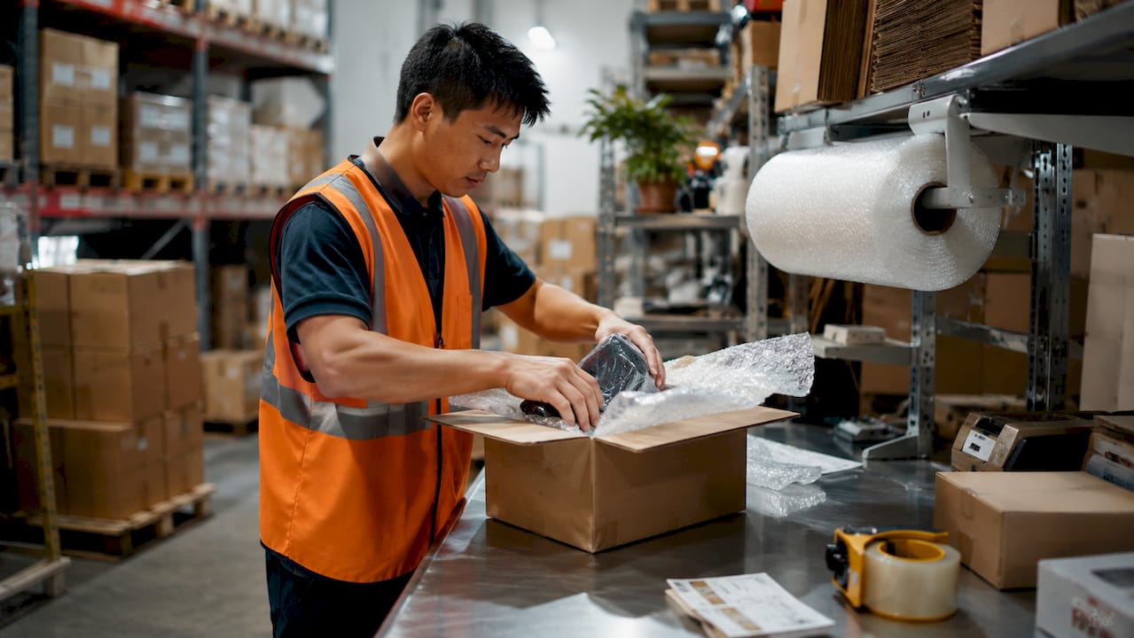 Overhead view of warehouse worker packing orders