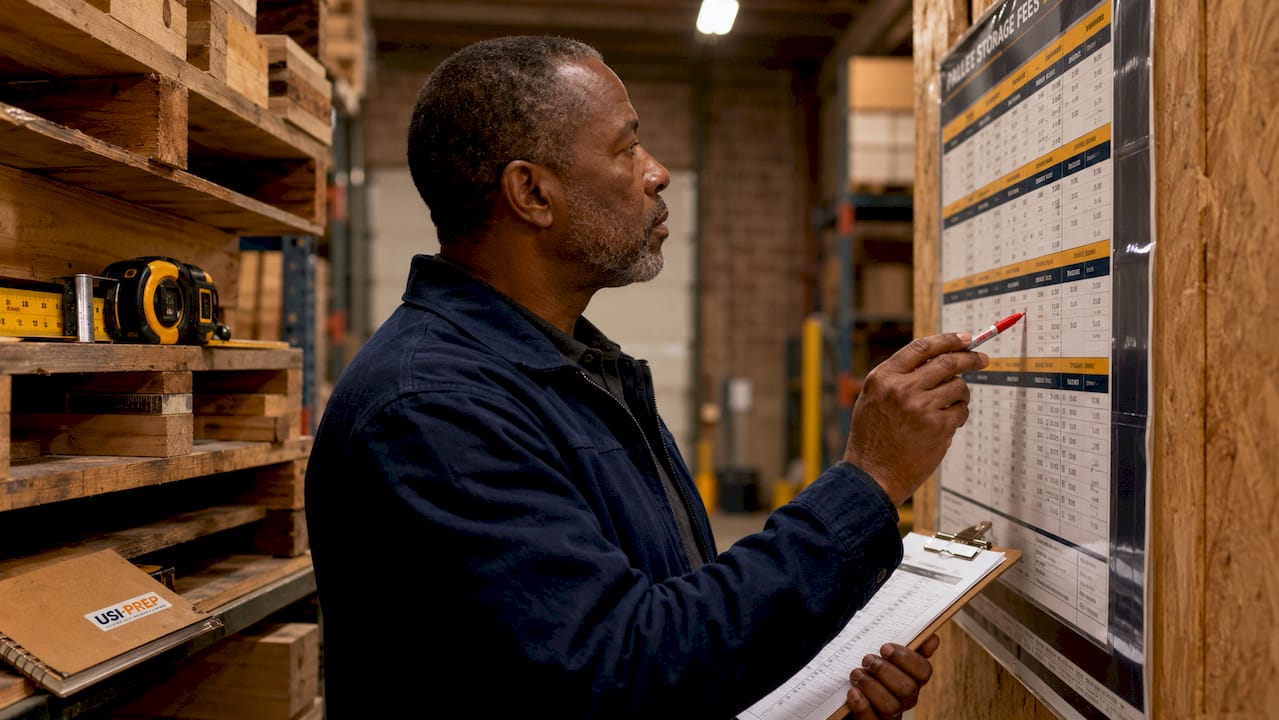 Warehouse manager reviewing pallet storage fee chart