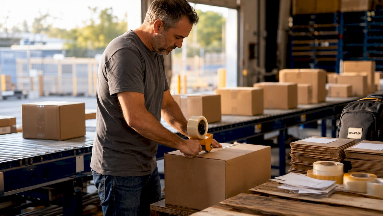 Warehouse worker packing boxes for shipment