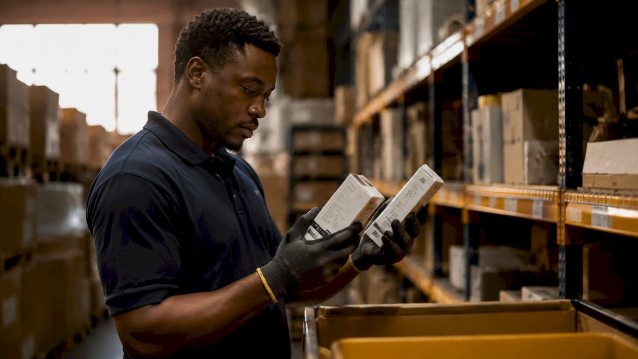 Picker comparing look-alike product boxes