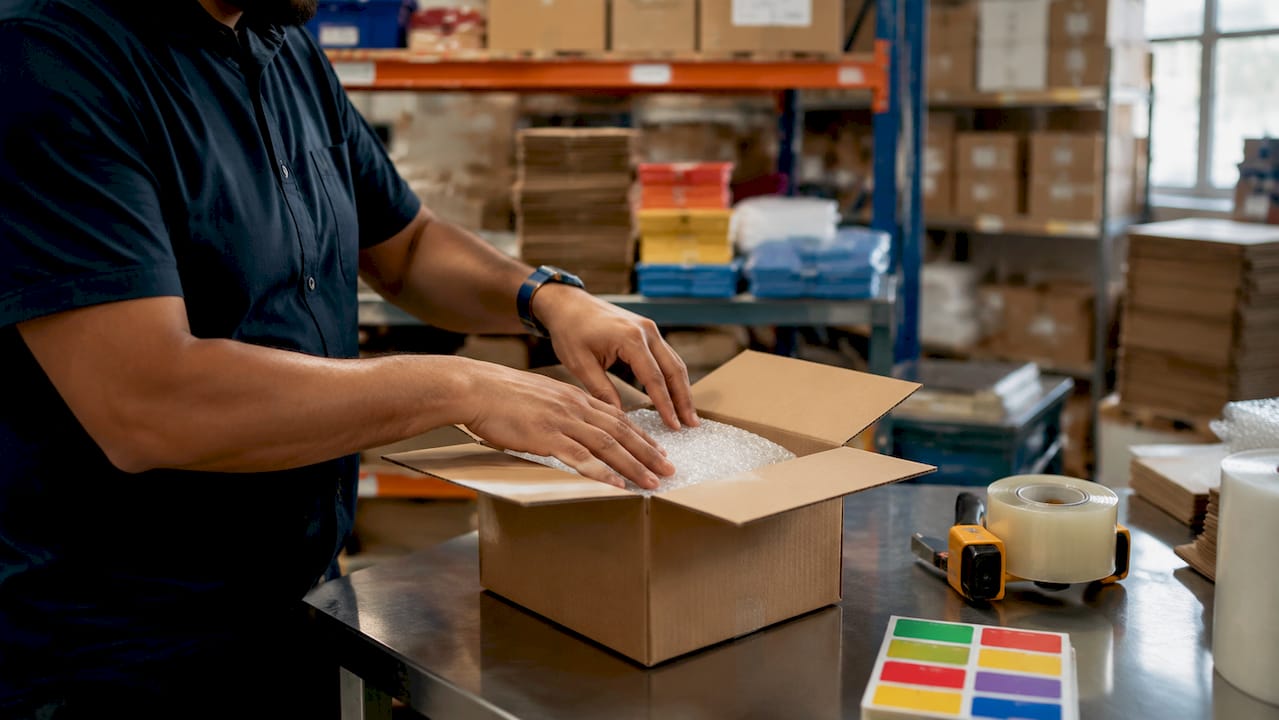 Hands packing box in logistics center