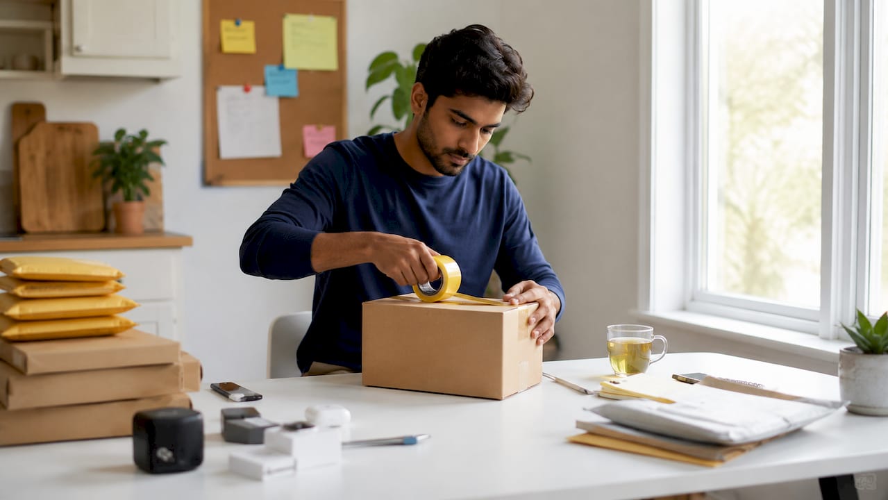 Hands taping packages in home fulfillment setup