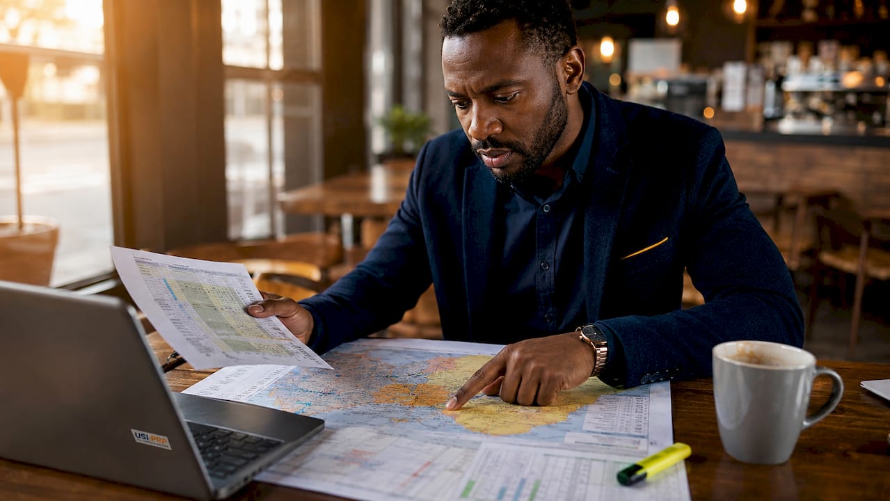Hands sorting maps and spreadsheets for fulfillment model