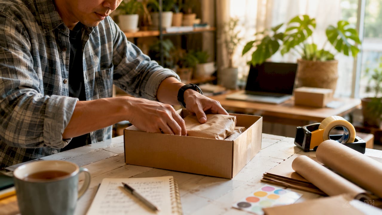 Hands packing ecommerce order on wooden table
